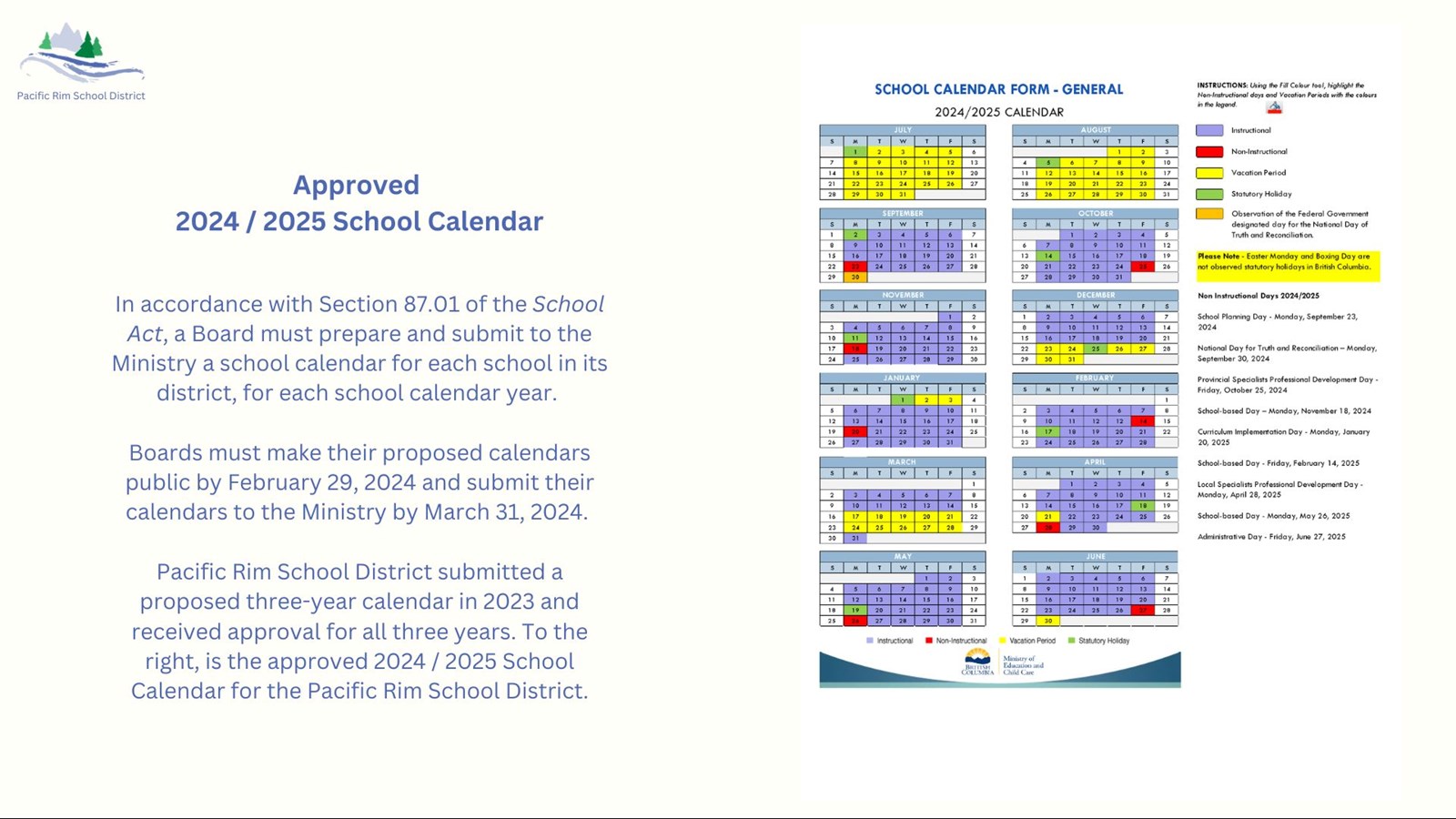 Approved 2024 / 2025 School Calendar